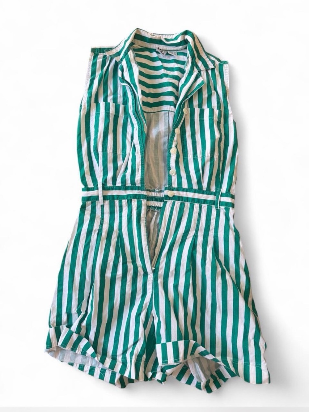 Green & White Striped Sleeveless Romper